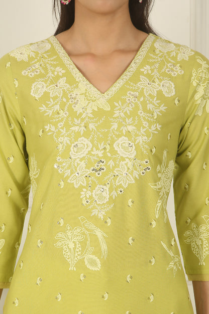Green Floral Printed Rayon Straight Kurta with Embroidered Yoke