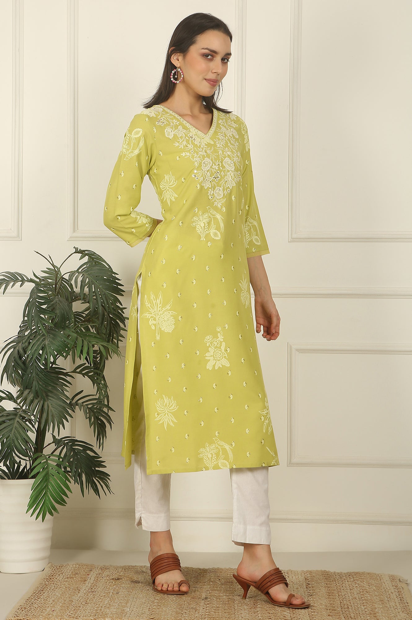 Green Floral Printed Rayon Straight Kurta with Embroidered Yoke