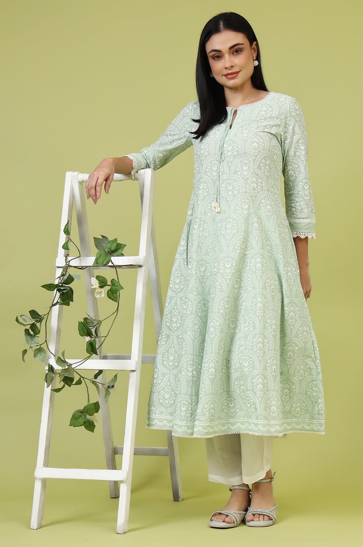Mint Green Floral Printed Pure Cotton Anarkali Kurta - S