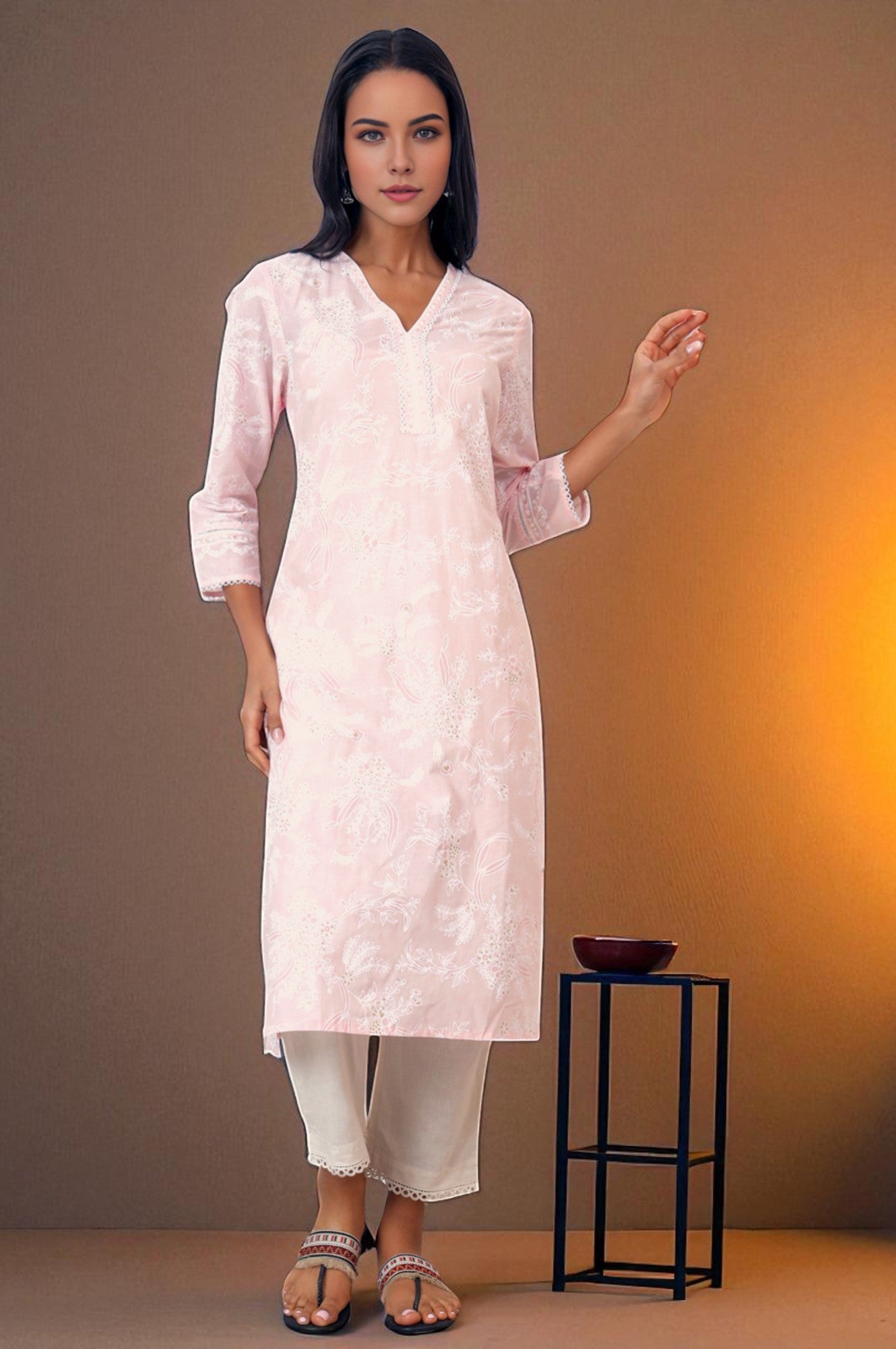 Light Pink Floral Printed Pure Cotton A-line Kurta with Lace