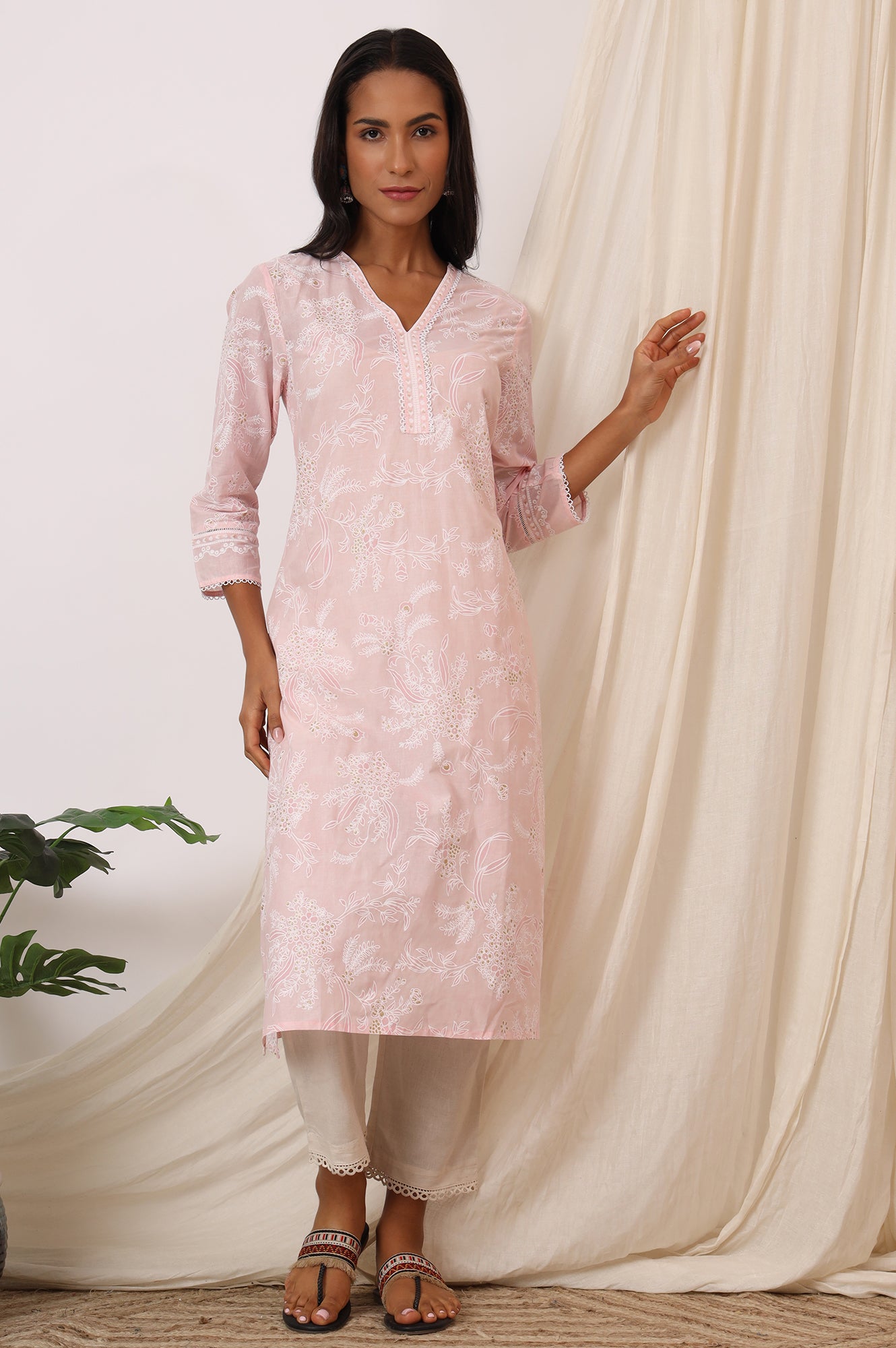Light Pink Floral Printed Pure Cotton A-line Kurta with Lace