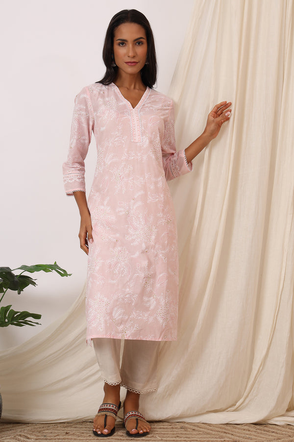 Light Pink Floral Printed Pure Cotton A-line Kurta with Lace