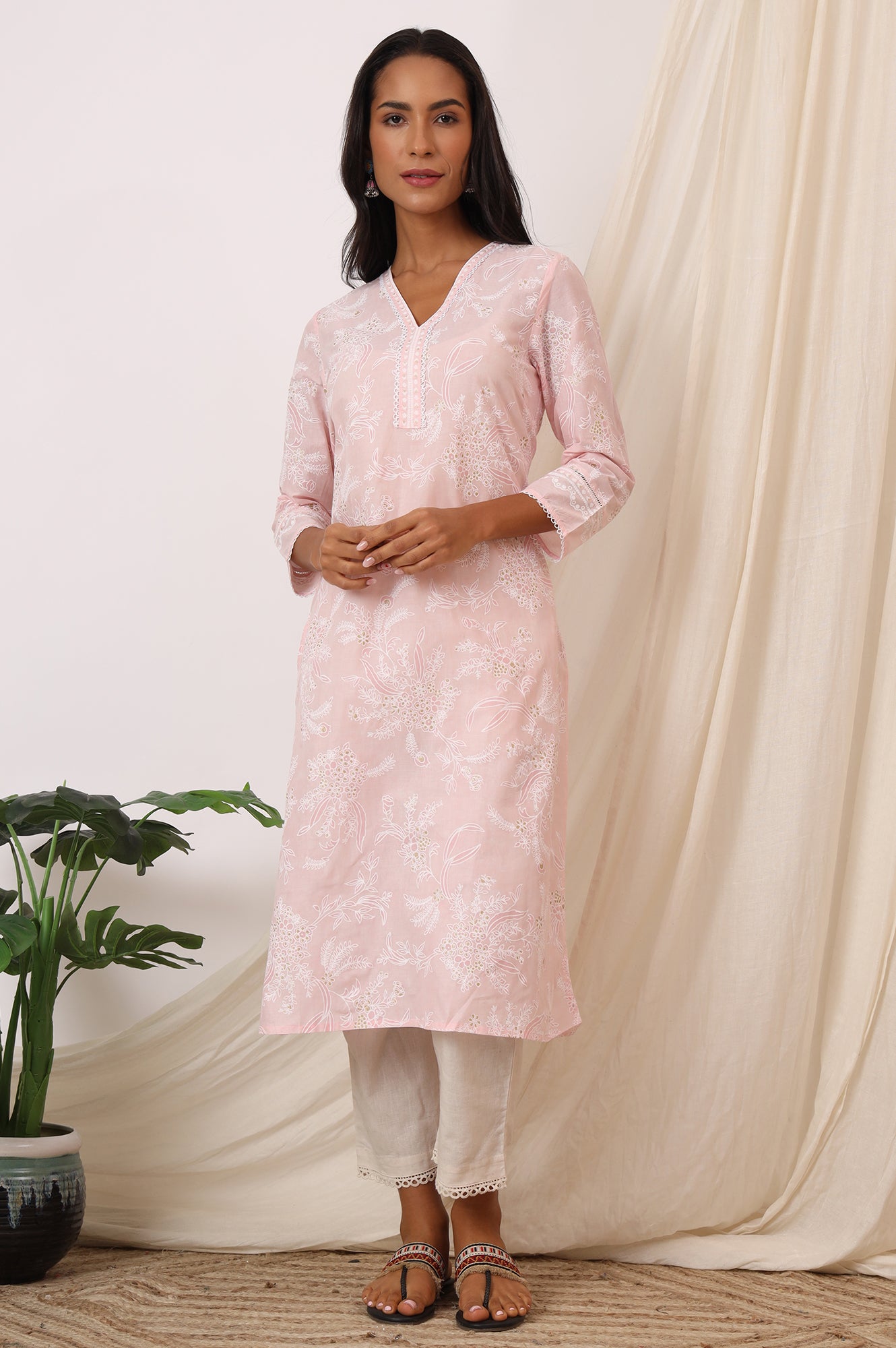 Light Pink Floral Printed Pure Cotton A-line Kurta with Lace