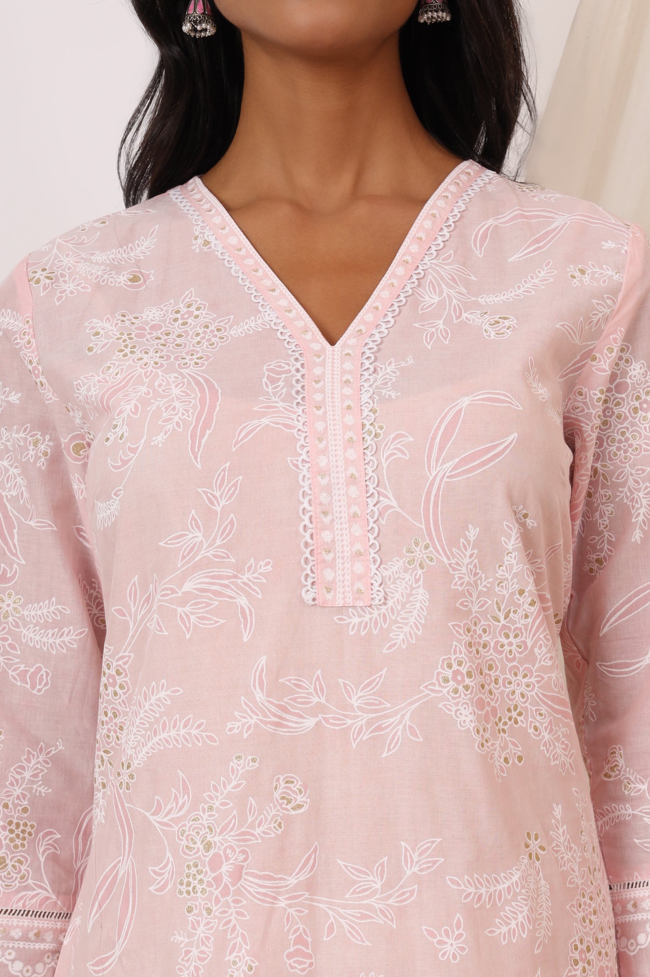 Light Pink Floral Printed Pure Cotton A-line Kurta with Lace