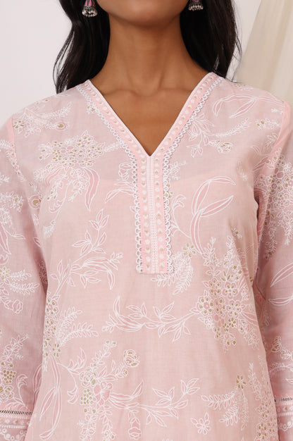 Light Pink Floral Printed Pure Cotton A-line Kurta with Lace