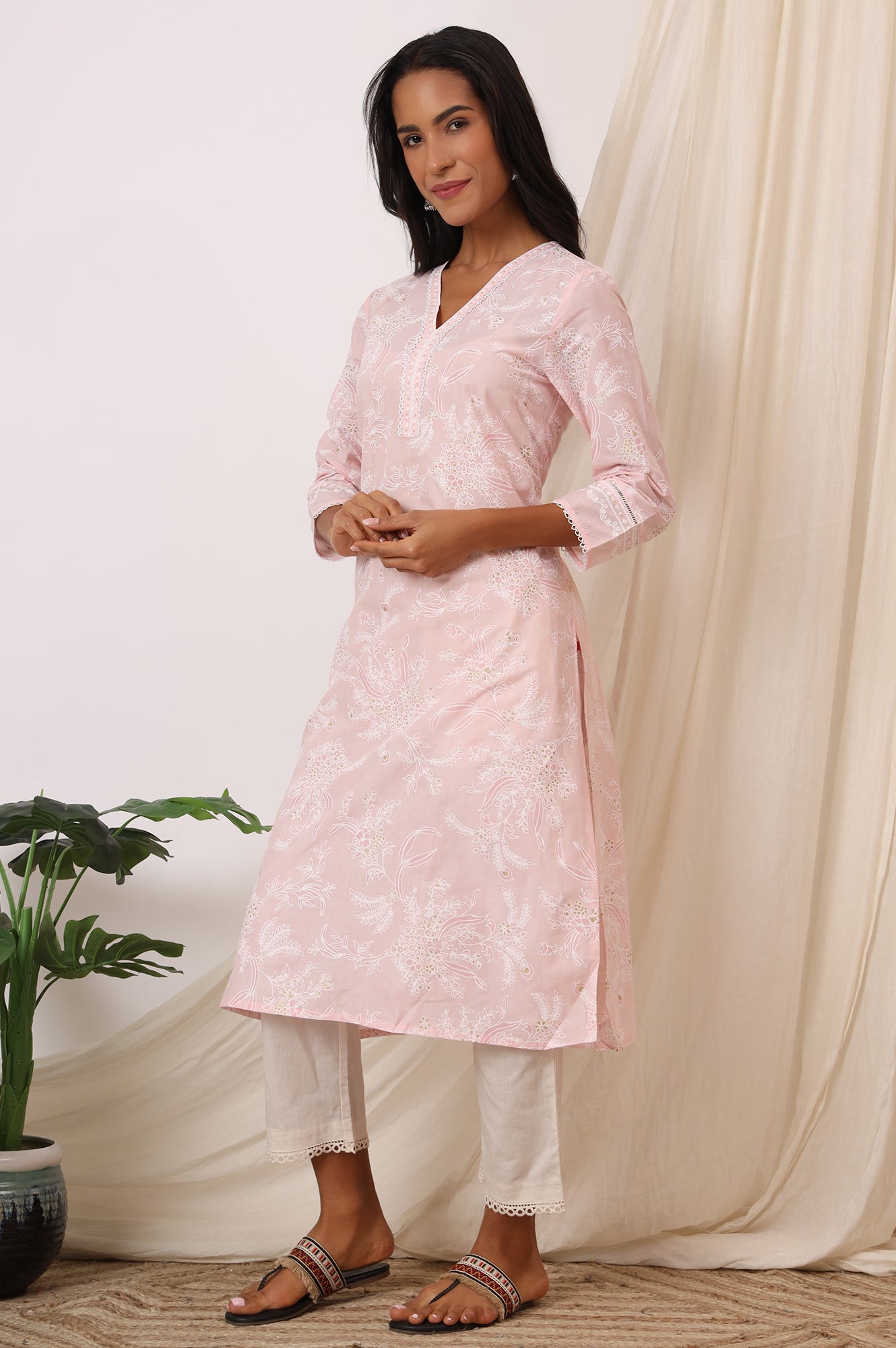 Light Pink Floral Printed Pure Cotton A-line Kurta with Lace