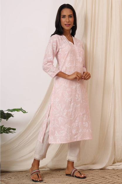 Light Pink Floral Printed Pure Cotton A-line Kurta with Lace
