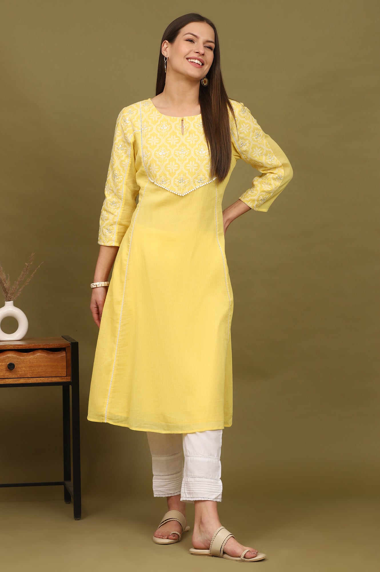 Daffodil Yellow Embroidered Yoke Crinkle Cotton Flared Kurta