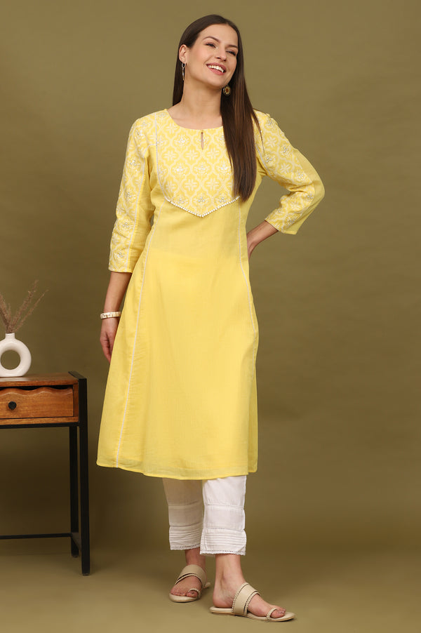 Daffodil Yellow Embroidered Yoke Crinkle Cotton Flared Kurta
