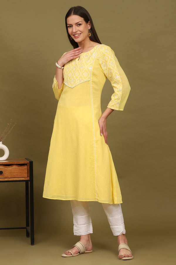 Daffodil Yellow Embroidered Yoke Crinkle Cotton Flared Kurta