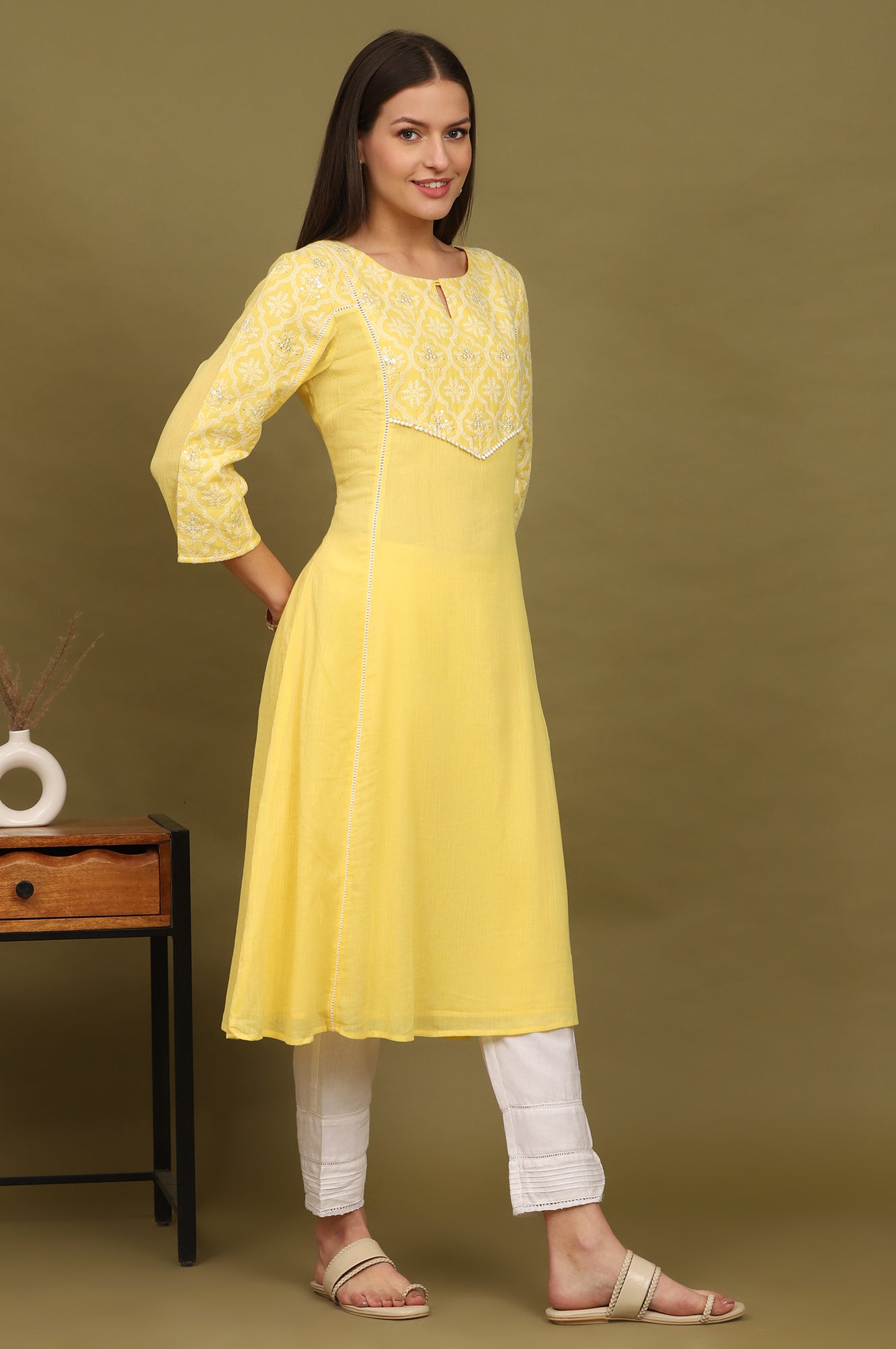 Daffodil Yellow Embroidered Yoke Crinkle Cotton Flared Kurta