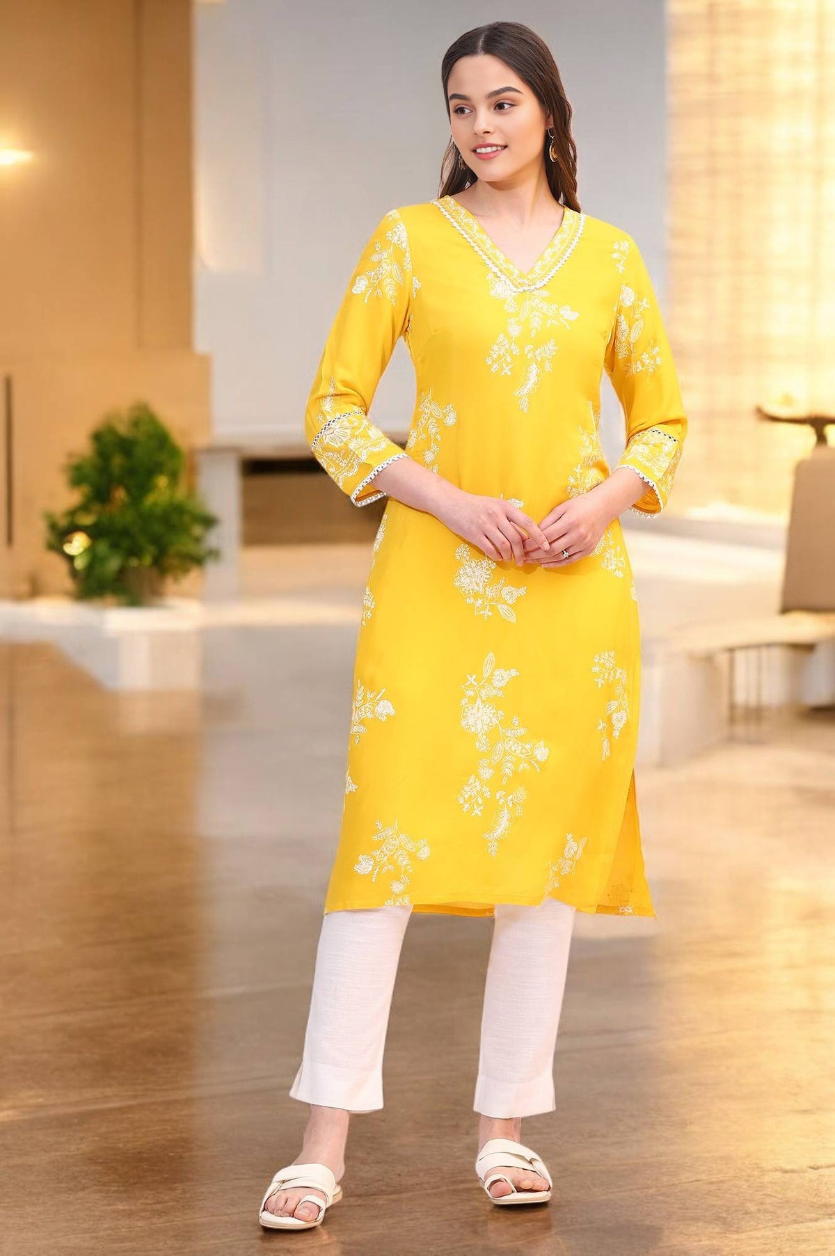 Mango Yellow Floral Printed Shantung A-line Kurta - XS