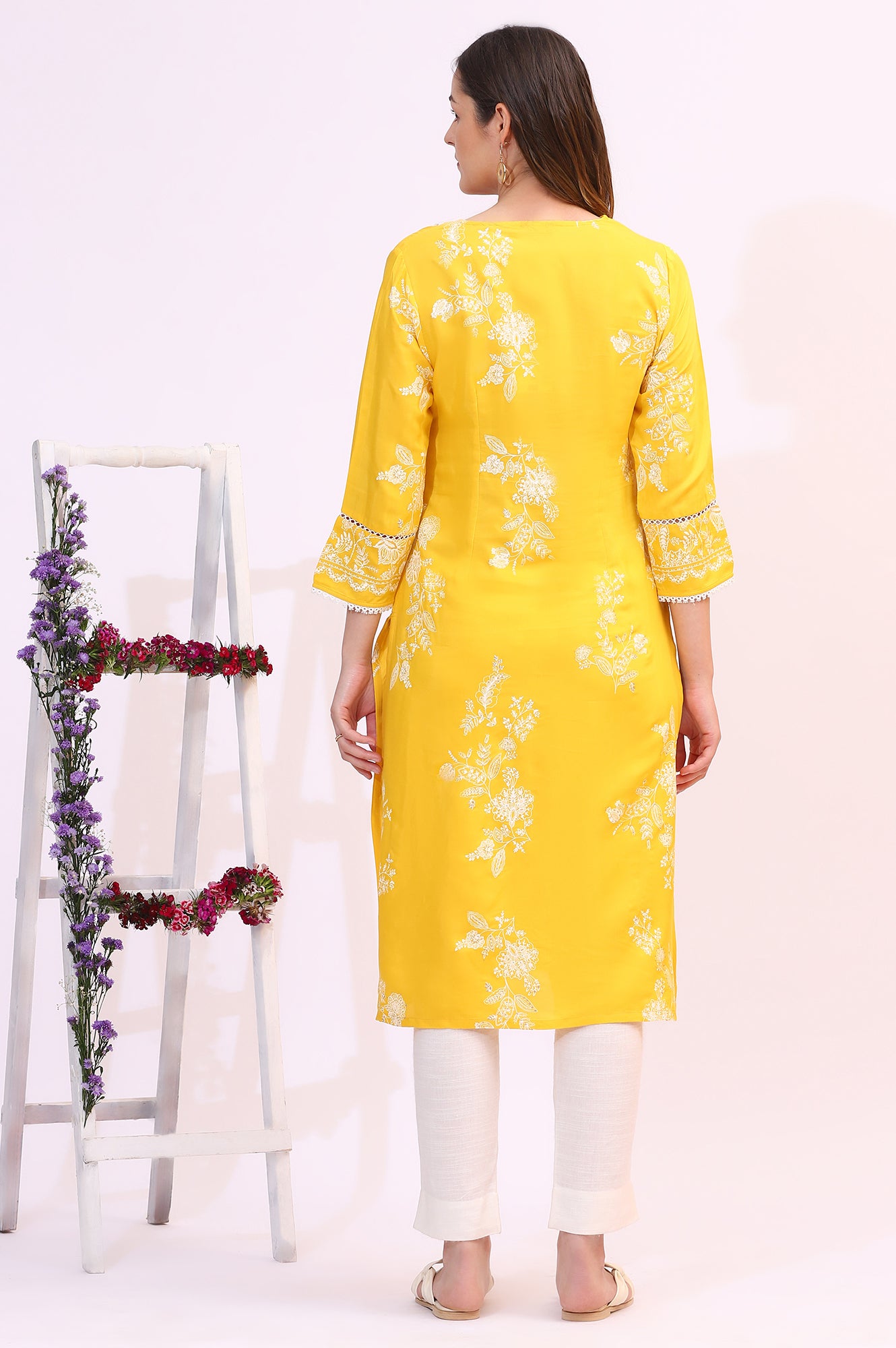 Mango Yellow Floral Printed Shantung A-line Kurta