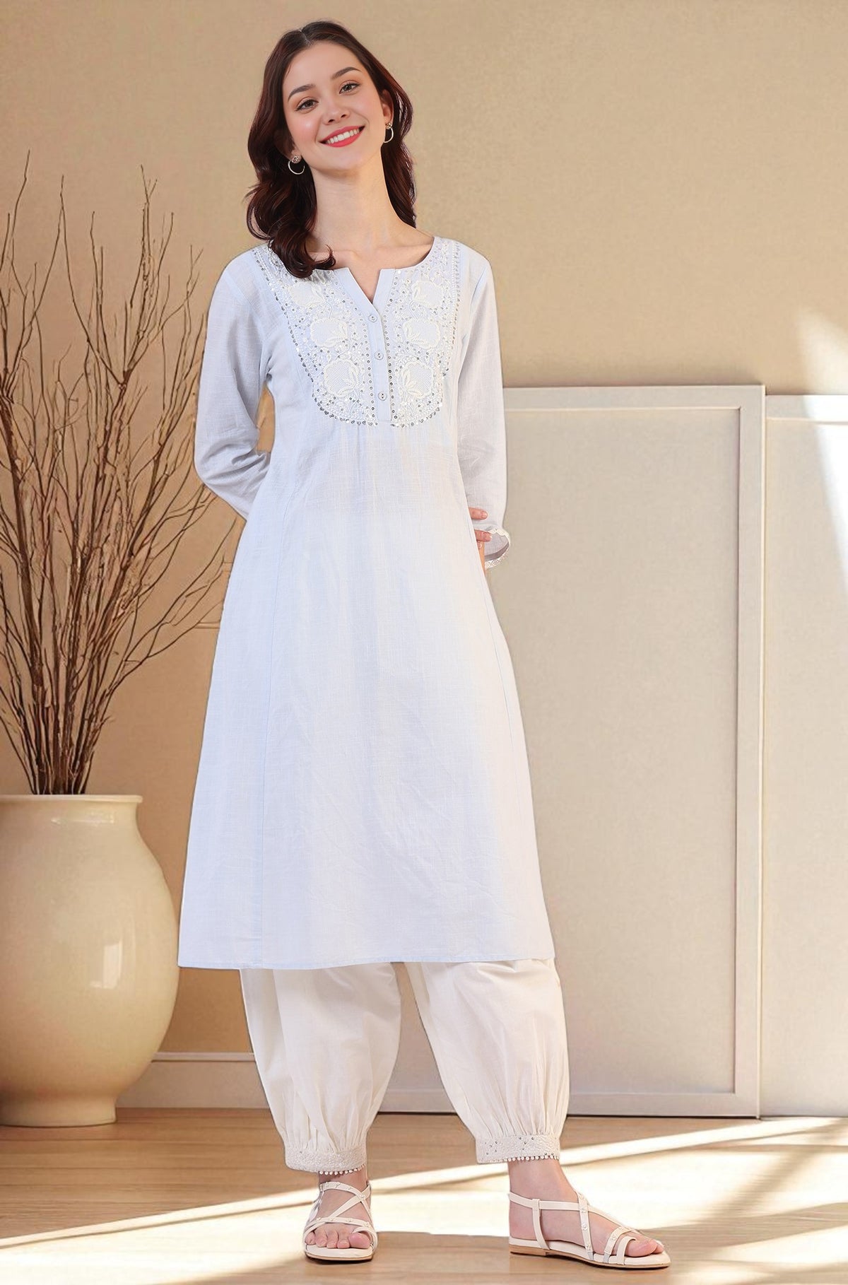 Blue Solid A-Line Pure Cotton Kurta - S
