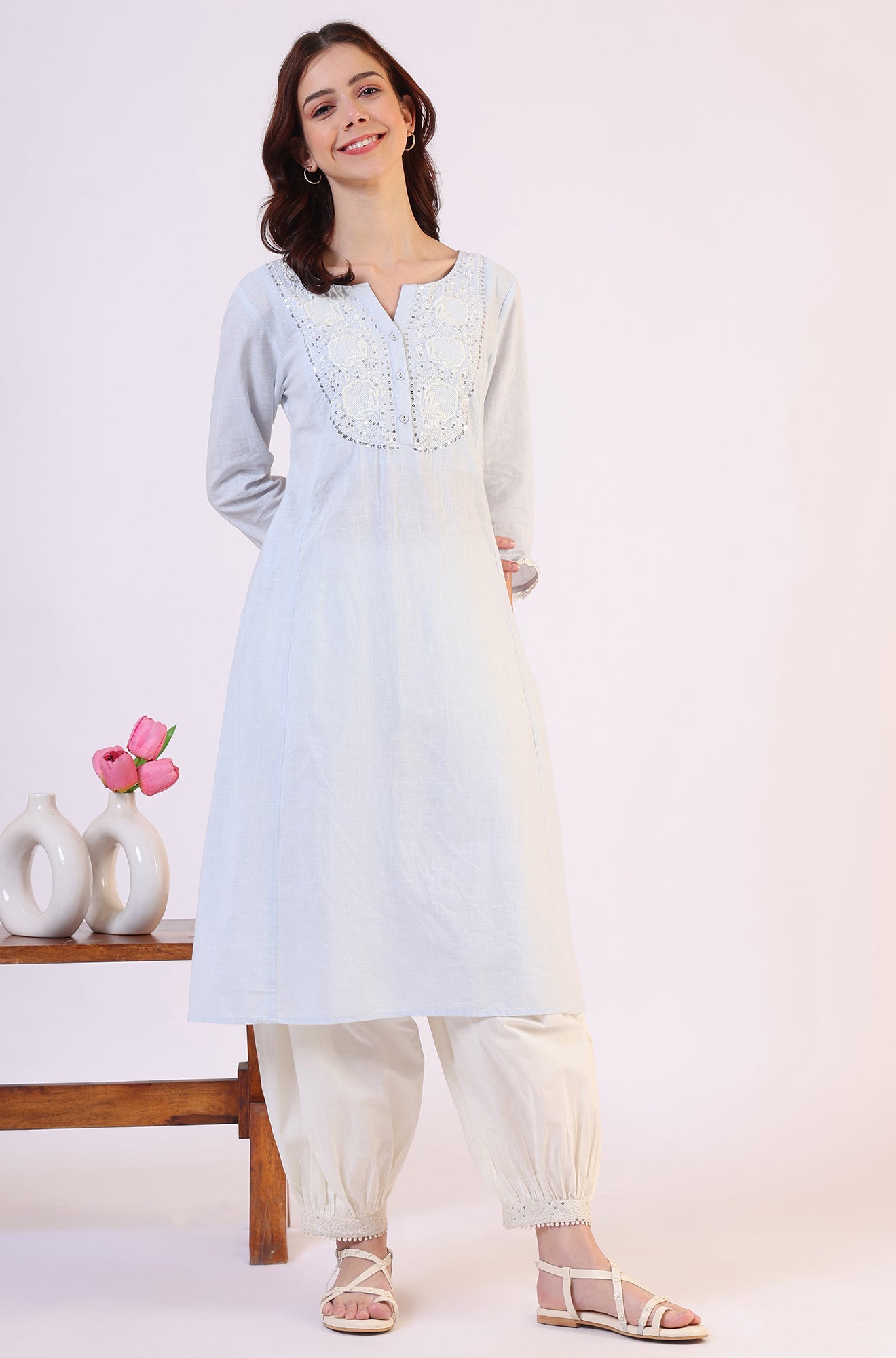 Blue Solid A-Line Pure Cotton Kurta
