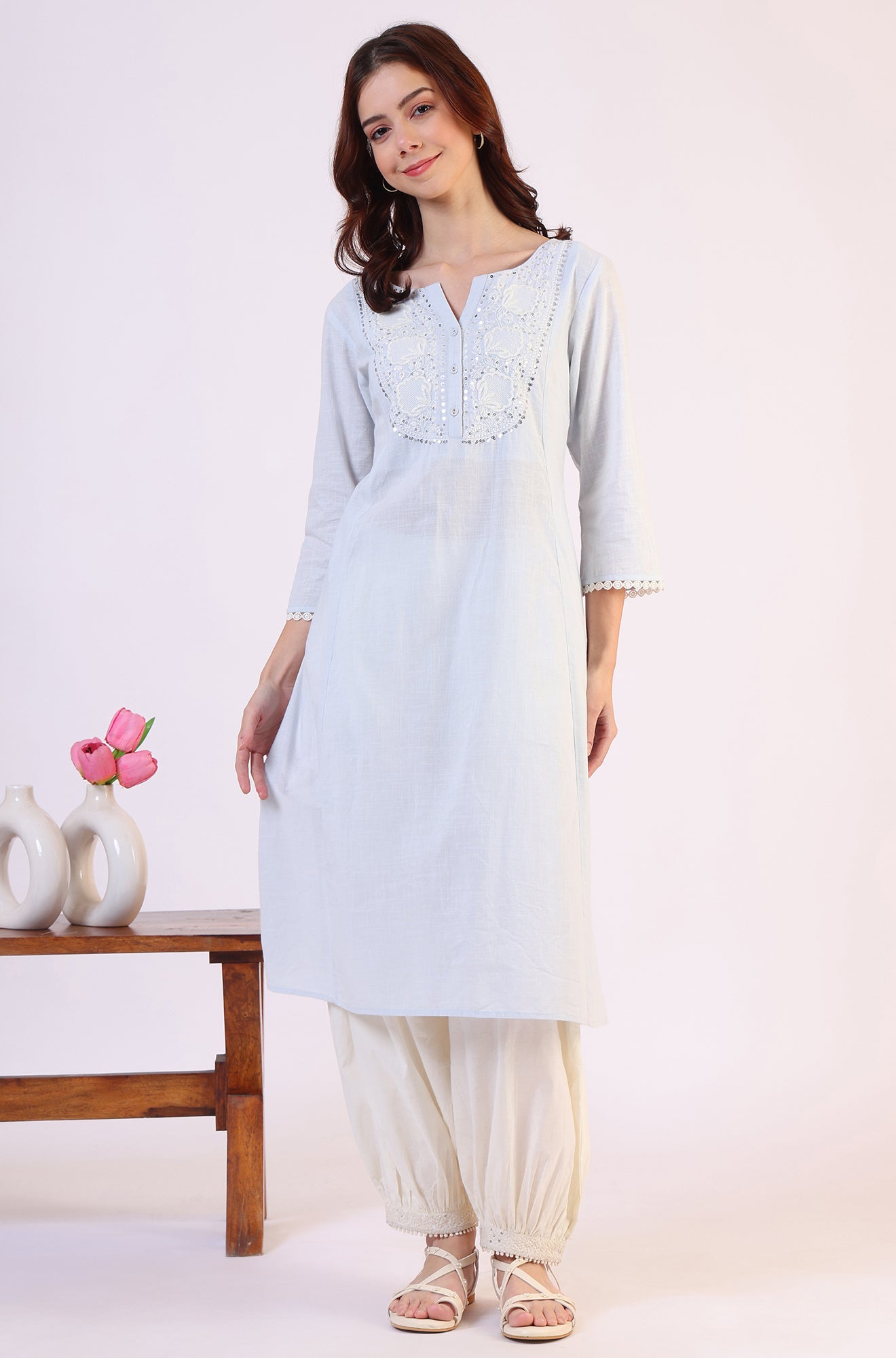 Blue Solid A-Line Pure Cotton Kurta