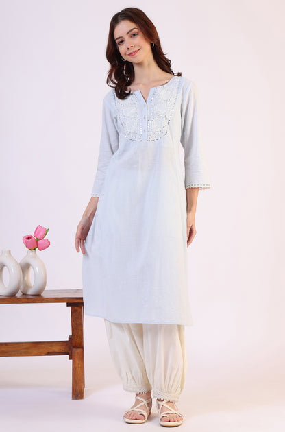 Blue Solid A-Line Pure Cotton Kurta