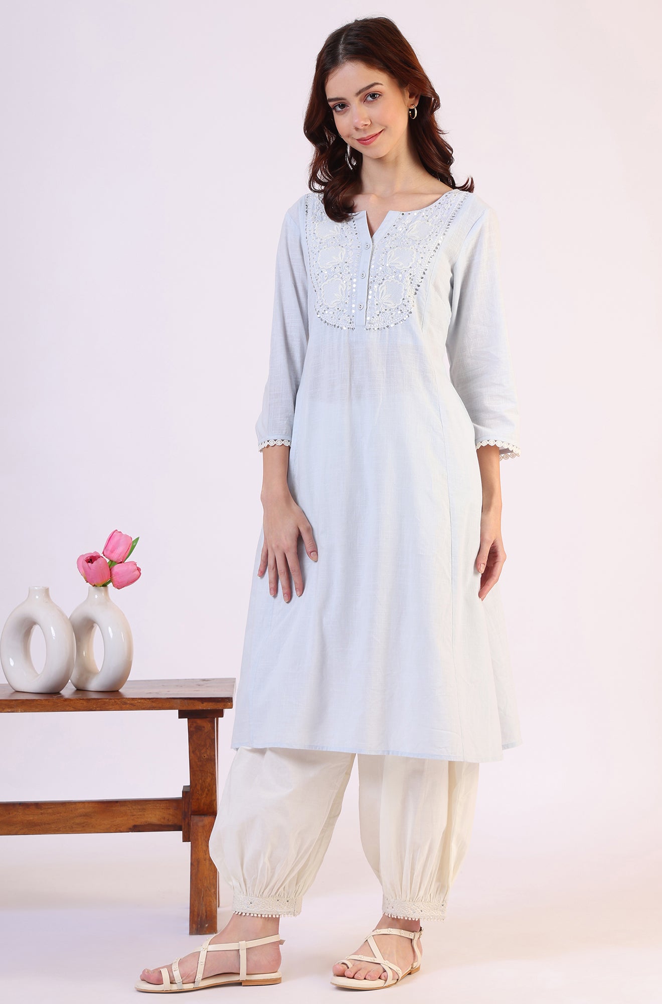 Blue Solid A-Line Pure Cotton Kurta