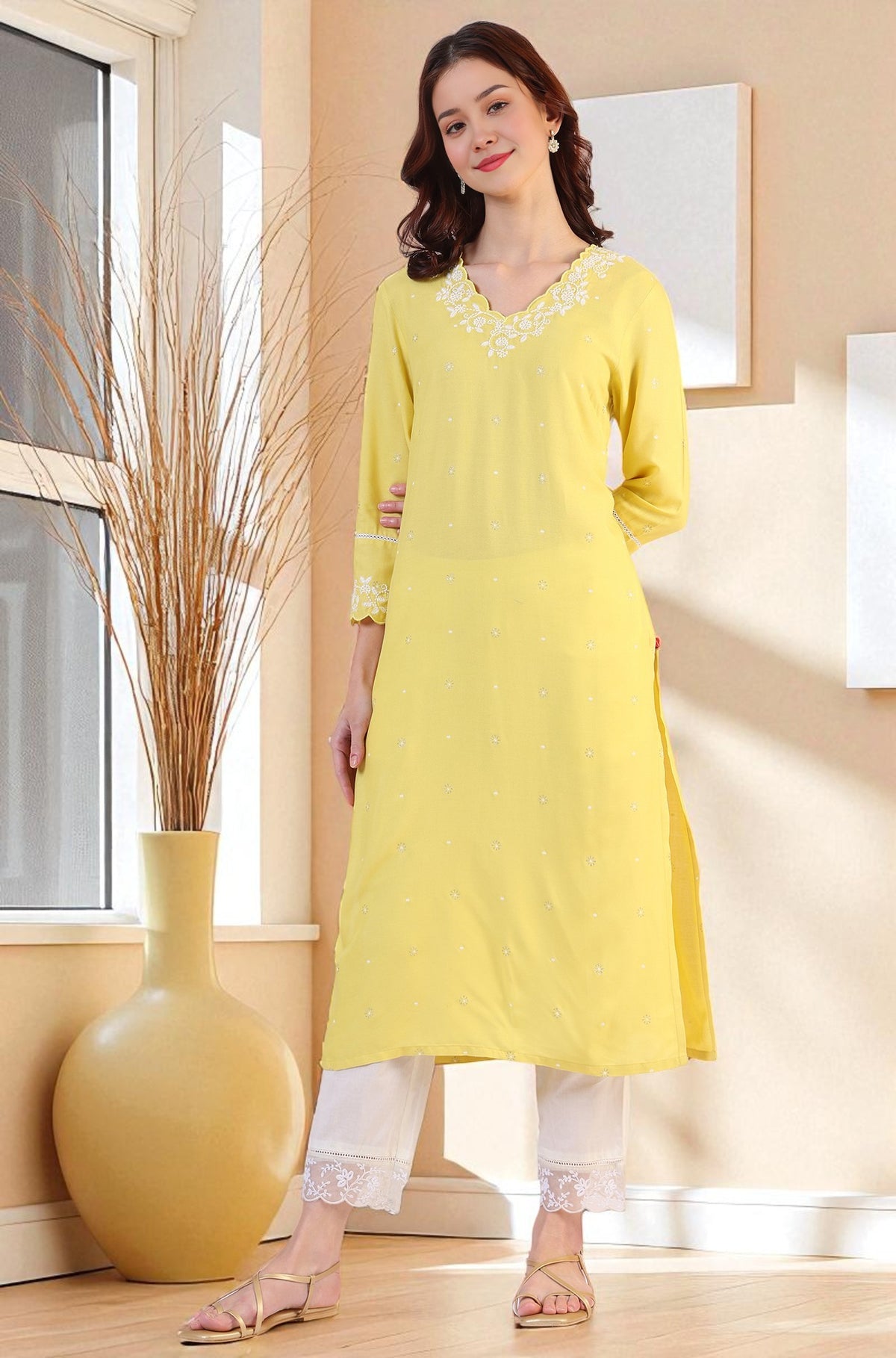 Yellow Floral Printed A-Line Viscose Kurta - S