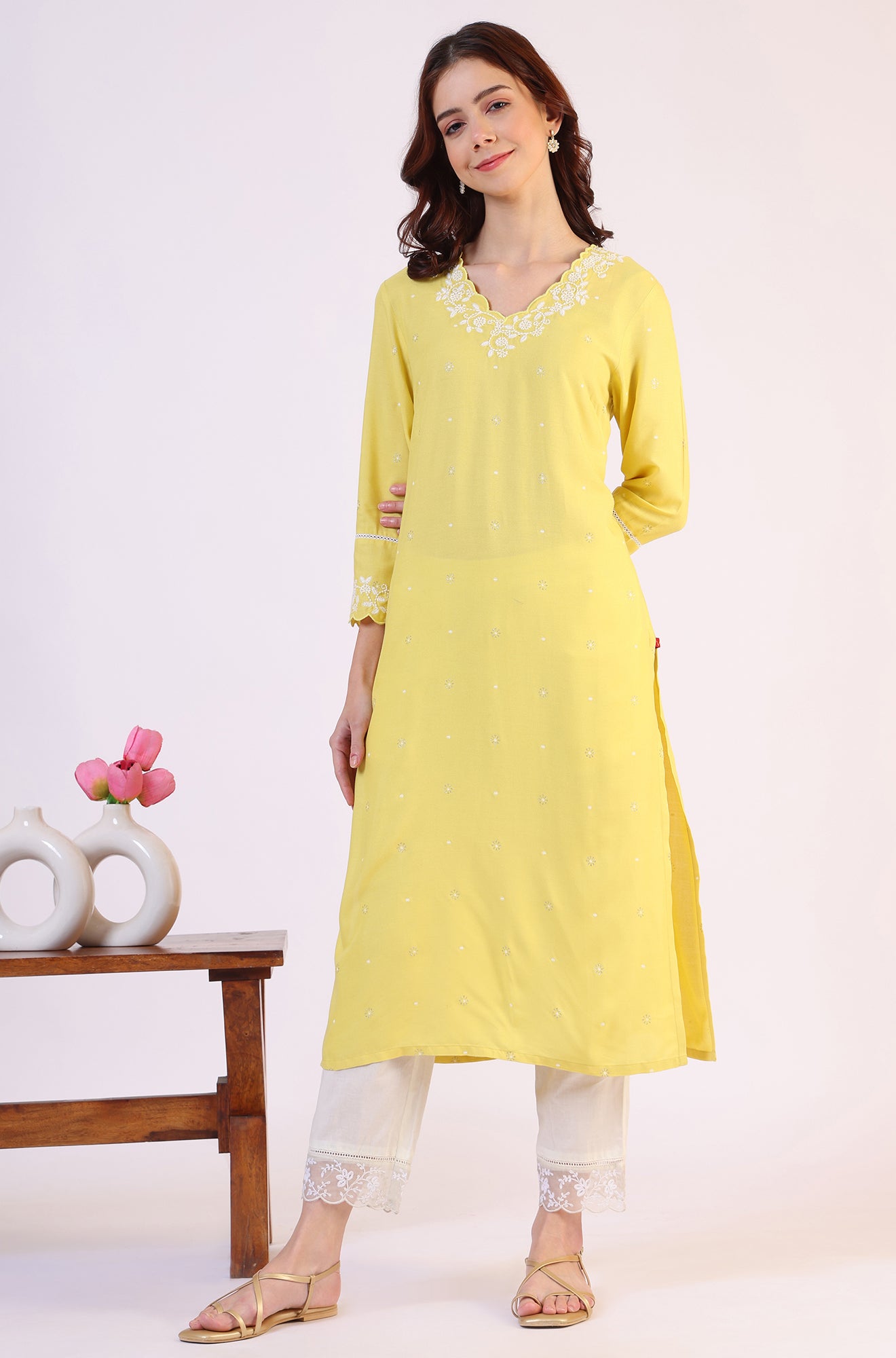 Yellow Floral Printed A-Line Viscose Kurta