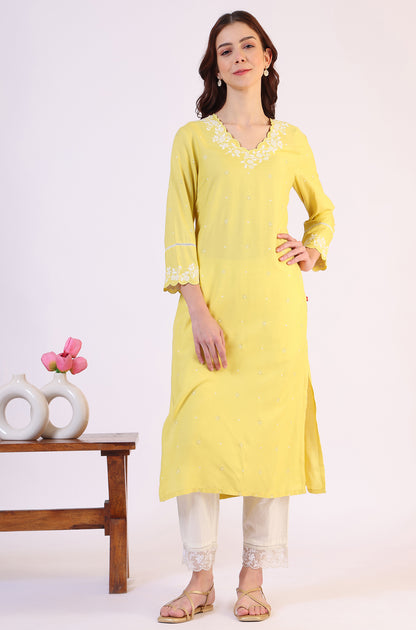 Yellow Floral Printed A-Line Viscose Kurta