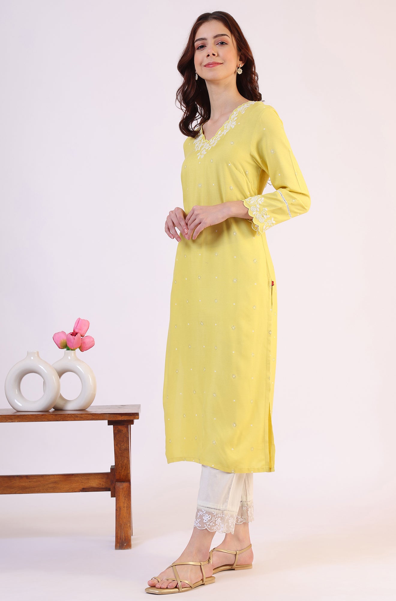 Yellow Floral Printed A-Line Viscose Kurta
