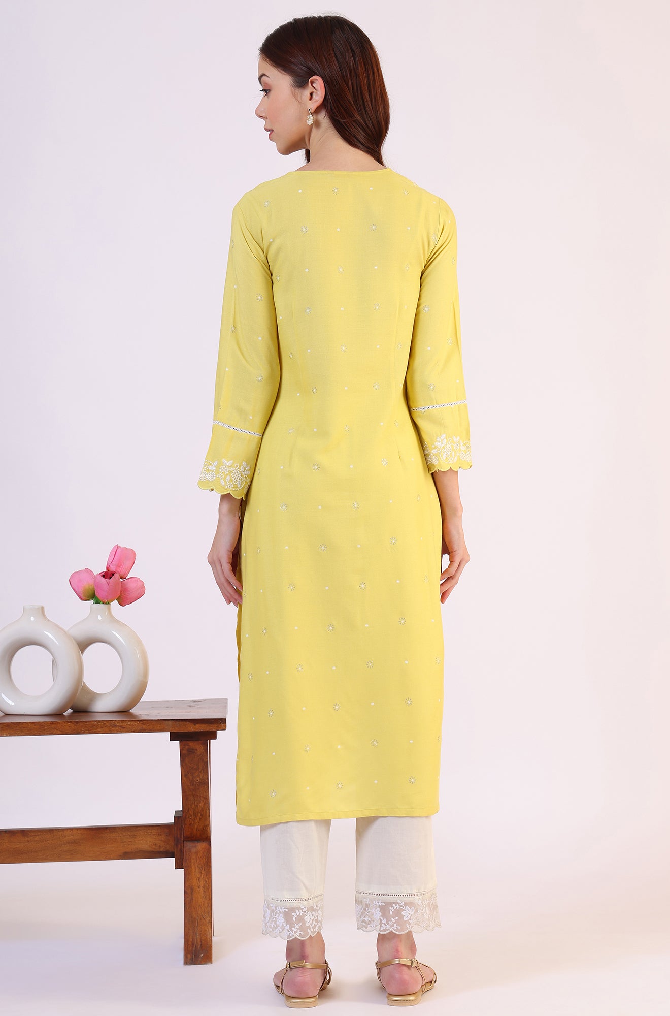 Yellow Floral Printed A-Line Viscose Kurta
