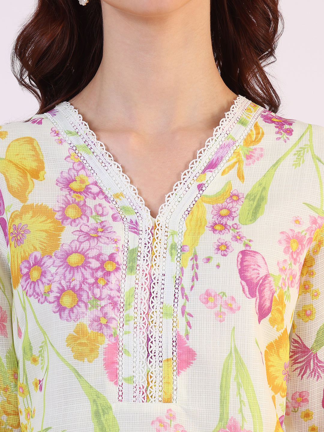 Cream Floral Printed Straight Kota Lace Kurta