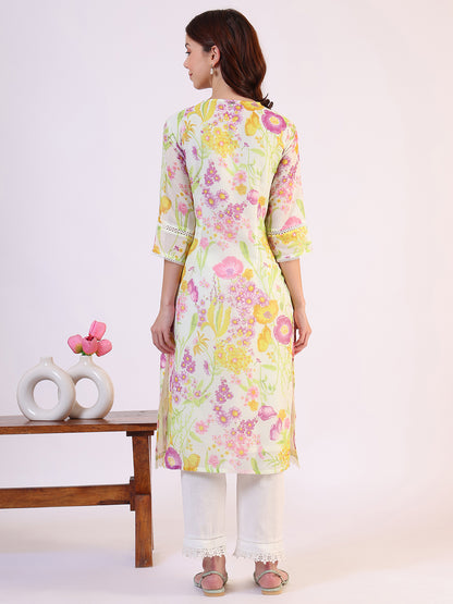 Cream Floral Printed Straight Kota Lace Kurta