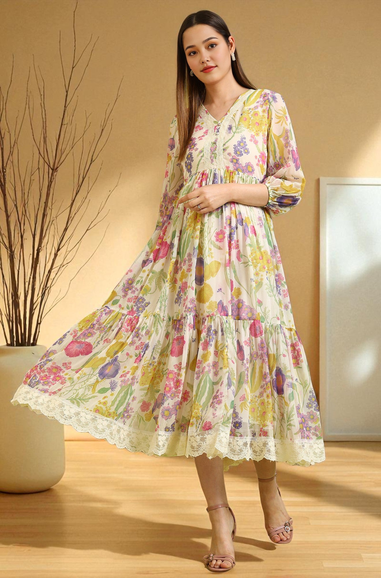 White Floral Printed Tiered Chiffon Dress with Lace Detail