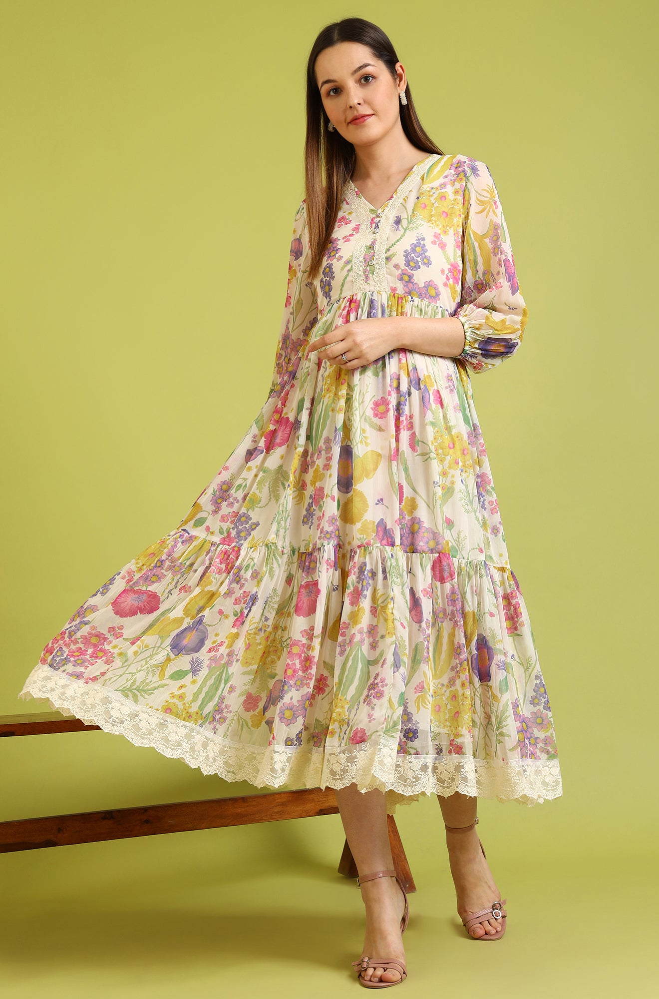 White Floral Printed Tiered Chiffon Dress with Lace Detail