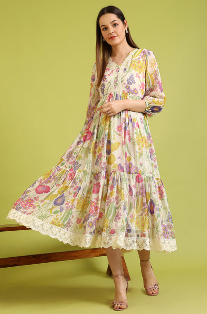 White Floral Printed Tiered Chiffon Dress with Lace Detail