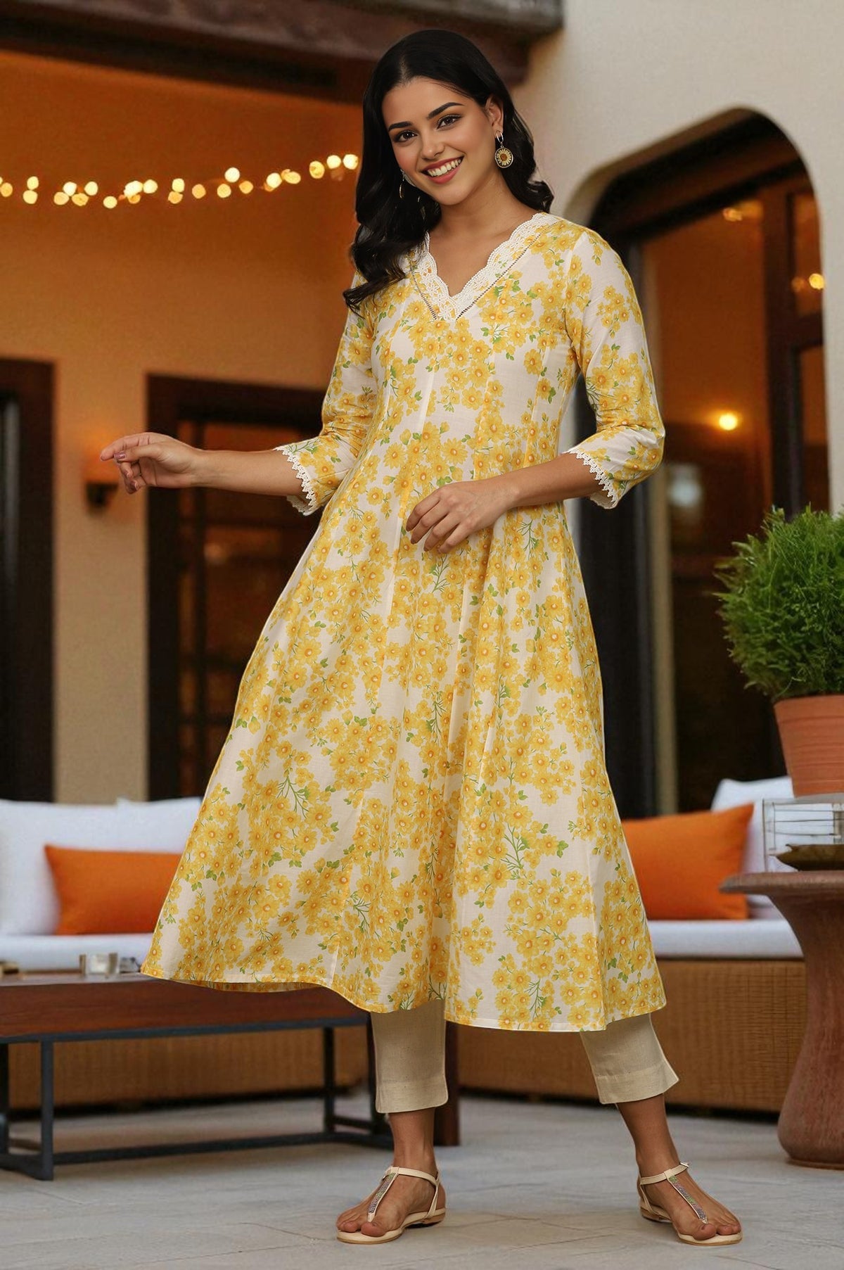 White and Yellow Floral Printed Pure Cotton Flared Kurta - M