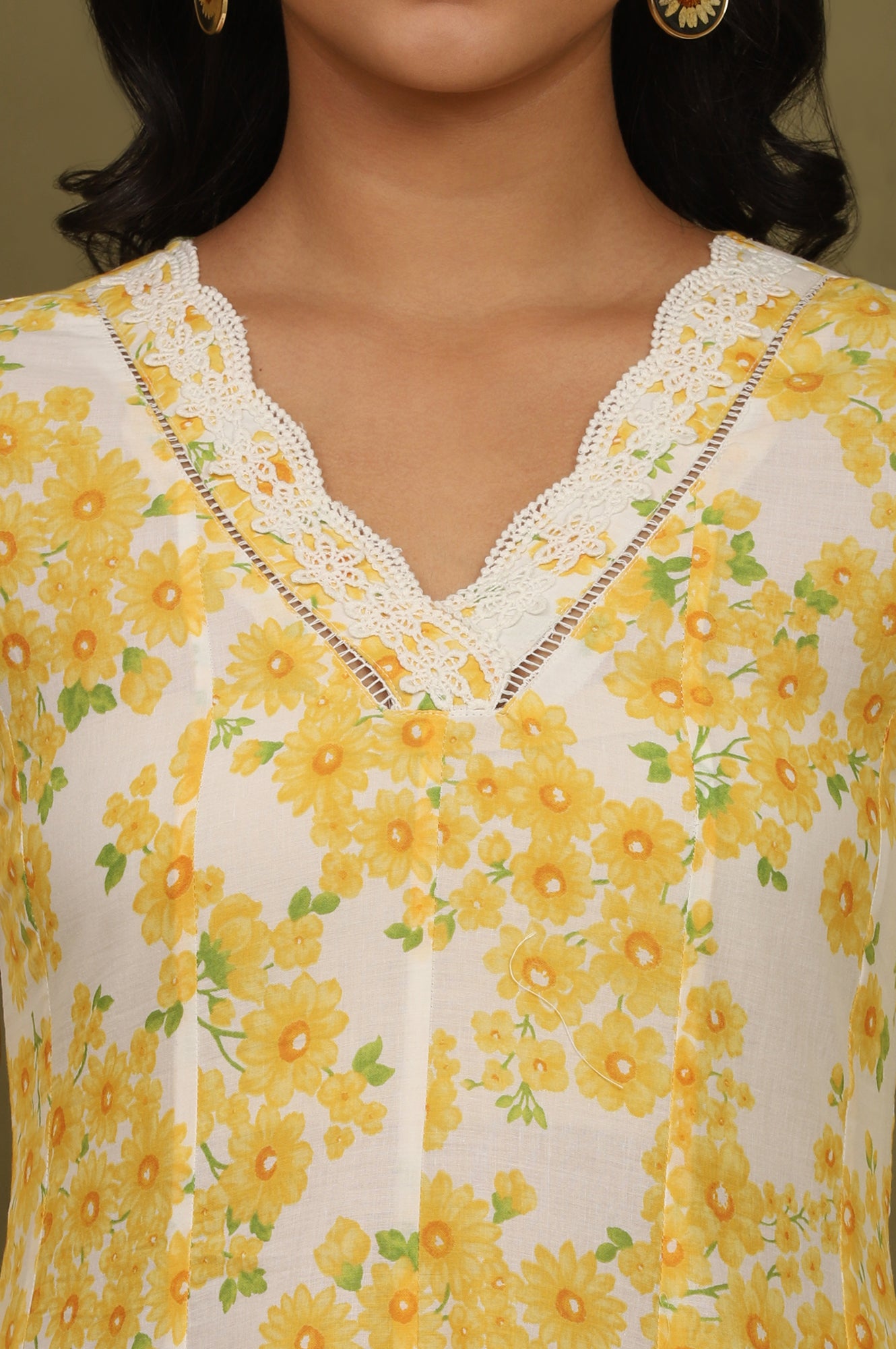 White and Yellow Floral Printed Pure Cotton Flared Kurta