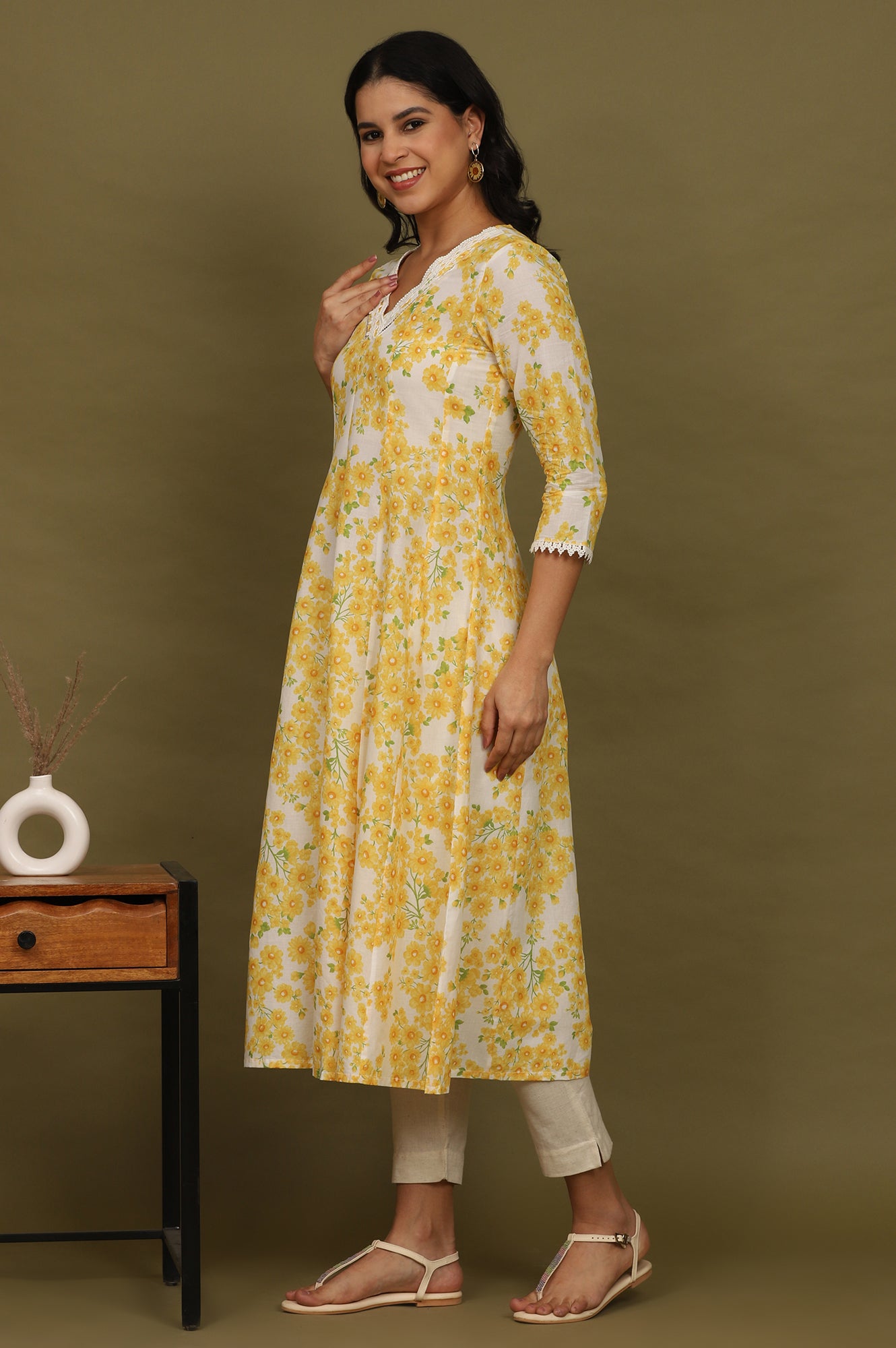 White and Yellow Floral Printed Pure Cotton Flared Kurta
