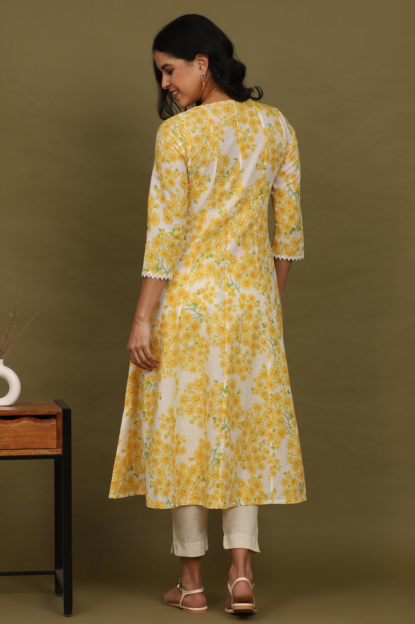 White and Yellow Floral Printed Pure Cotton Flared Kurta