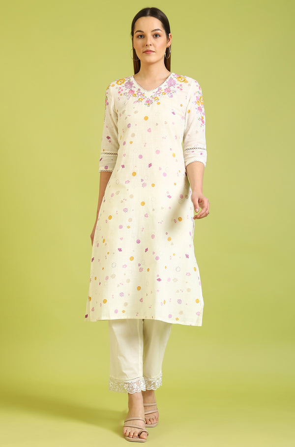 White Floral Printed A-Line Pure Cotton Kurta
