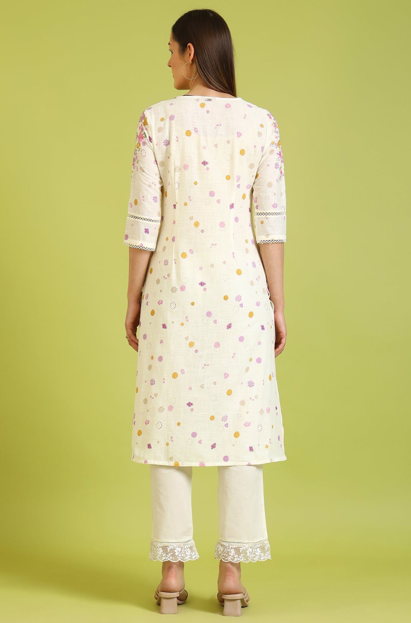 White Floral Printed A-Line Pure Cotton Kurta