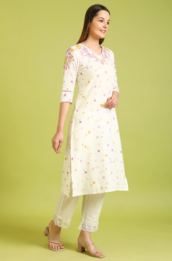 White Floral Printed A-Line Pure Cotton Kurta