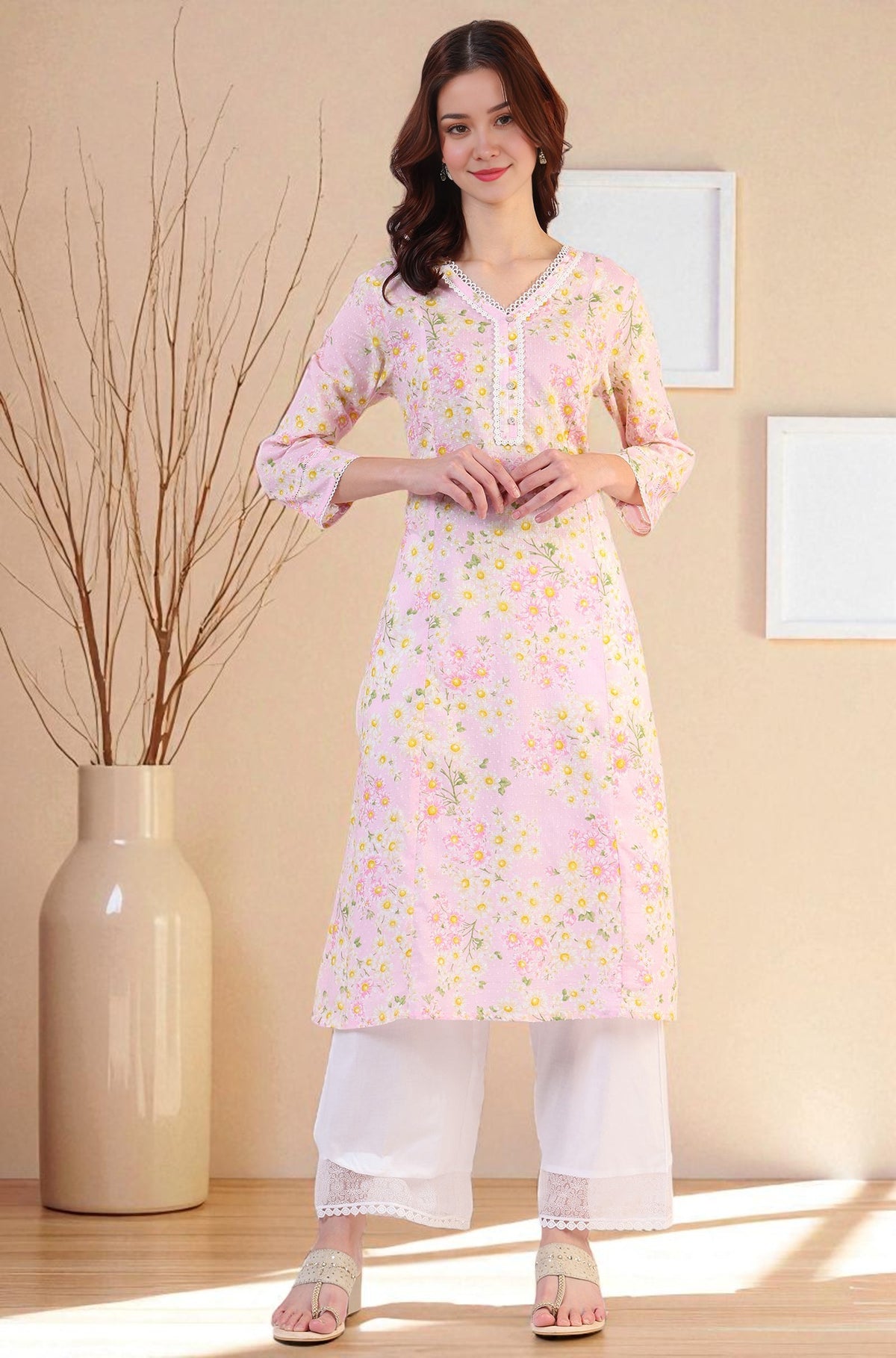 Floral Printed Straight Pure Cotton Textured Kurta with Lace - L