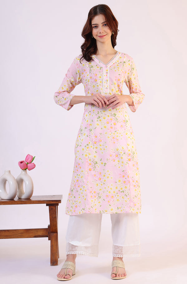Floral Printed Straight Pure Cotton Textured Kurta with Lace