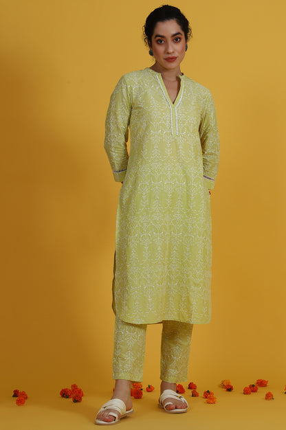 Green Embroidered Straight Pure Cotton Kurta