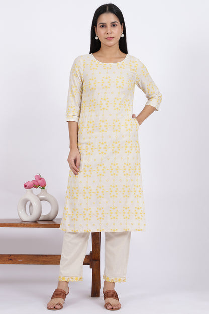 Beige Schiffli Embroidered Straight Rayon Flax Kurta