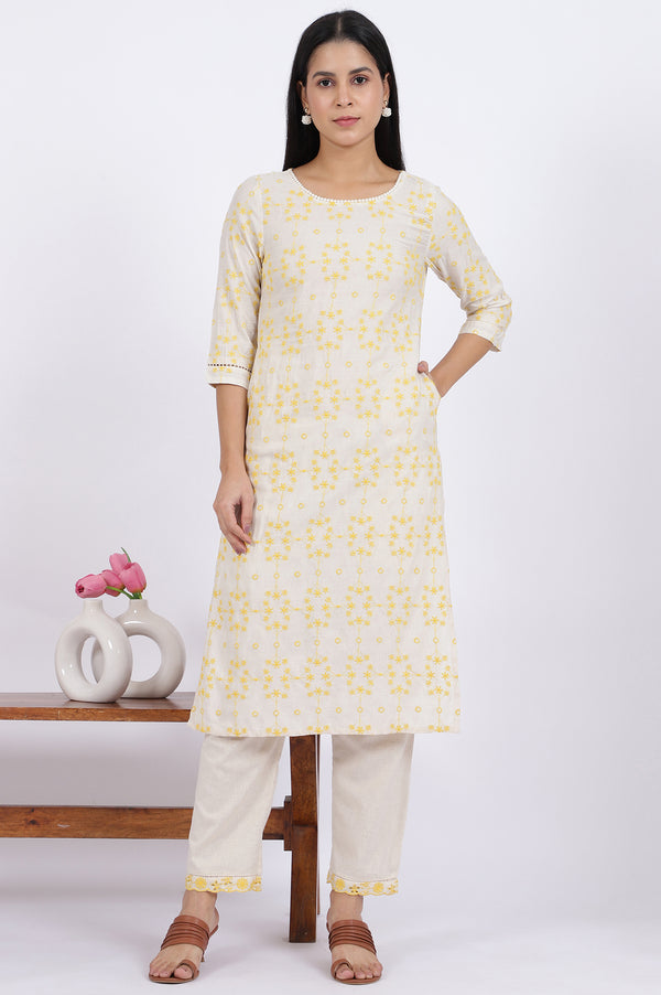 Beige Schiffli Embroidered Straight Rayon Flax Kurta