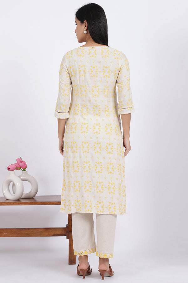 Beige Schiffli Embroidered Straight Rayon Flax Kurta