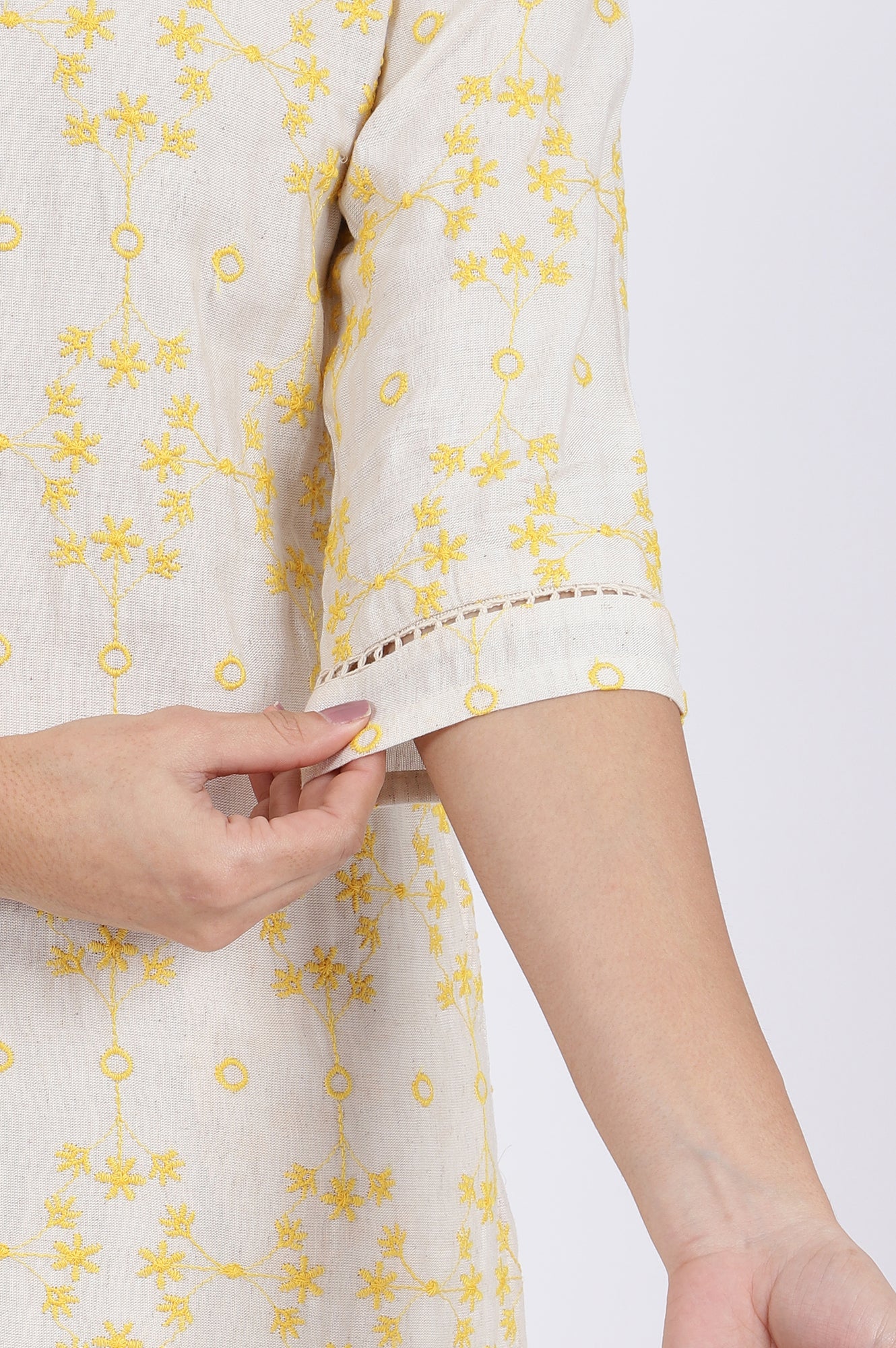 Beige Schiffli Embroidered Straight Rayon Flax Kurta