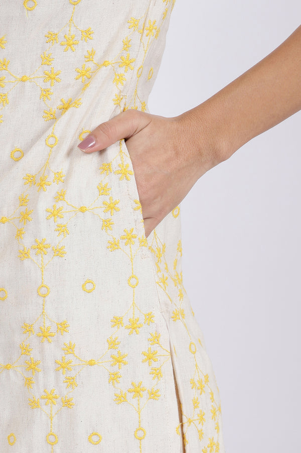 Beige Schiffli Embroidered Straight Rayon Flax Kurta