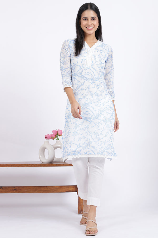 White Floral Printed Lace Straight Kota Kurta