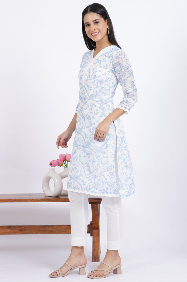 White Floral Printed Lace Straight Kota Kurta