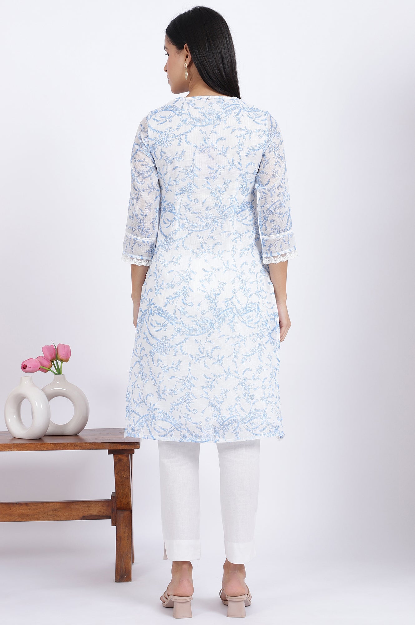 Beige Printed Lace Straight Polyester Kurta